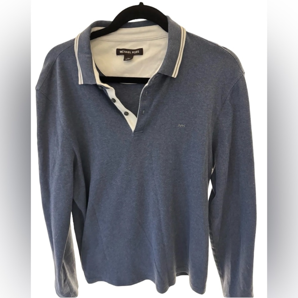 Michael Kors Mens Shirt Large Blue Long Sleeve Button Polo Cotton